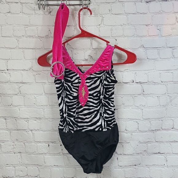 Dansco Hot Pink Zebra Dance Leotard Velour Plush Girls LC Large Belted Bodysuit - Picture 8 of 13
